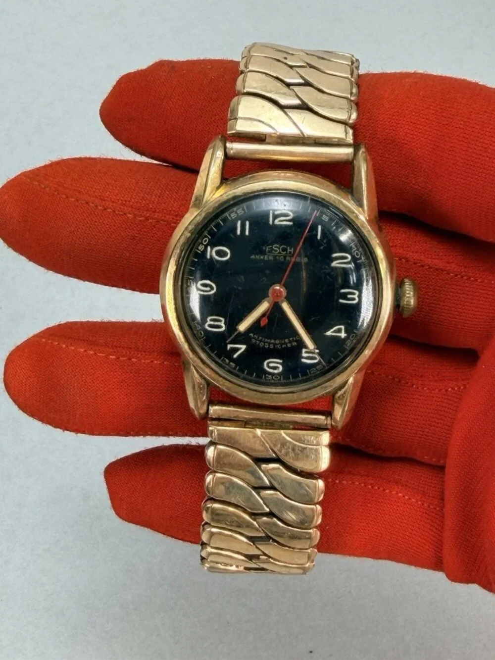 Vintage Germany FSCH Anker 16 Rubis Mechanical Watch Black Dial Runs